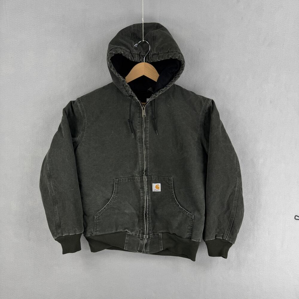 Vintage Carhartt Jacket Womens Medium Green Canvas Quilted Hooded Zip Workwear